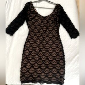 GUESS Black Lace Knee Length Dress with sleeves